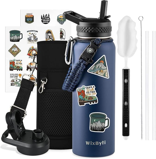 40 oz Insulated Water Bottle with Straw (Cold for 48 Hrs), Stainless Steel Triple Wall Vacuum Sports Water Jug, Leakproof Hydro Cup Flask with Paracord Handle & Straw Spout Lids & DIY Stickers