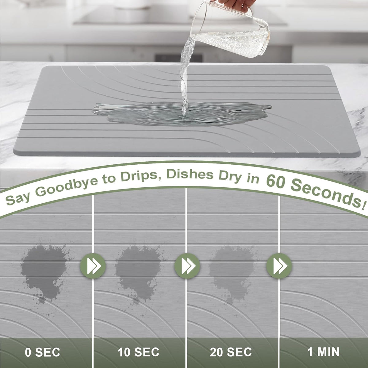 Large Stone Drying Mat for Kitchen Counter, 24" × 16" Diatomite Dish Drying Mat, Quick Dry Stone Mats, Ultra Absorbent Natural Diatomaceous Earth Mats for Dished, Bottles, Dark Grey