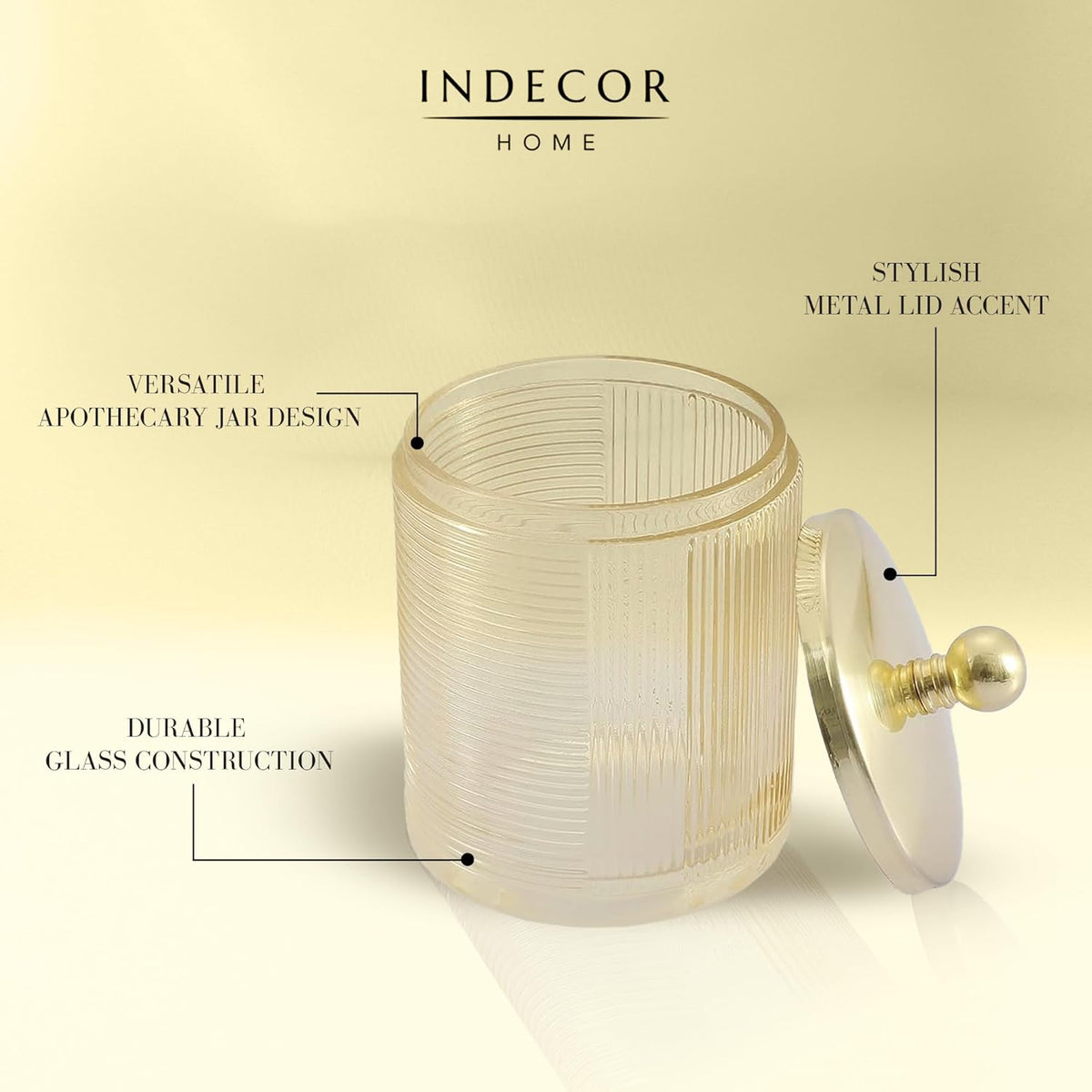 Glass Jar with Metal Lid for Bathroom Organization, Clear Apothecary Jar for Cotton Balls, Q Tips, and Small Accessories, Stylish Bathroom Storage Container Tan, Gold