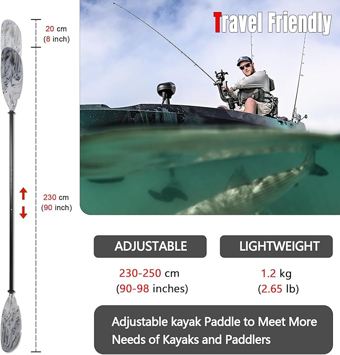 Angler Kayak Paddles Aluminum Paddle with Plastic Blades and Paddle Leash, Floating Adjustable Fishing Kayak Oars, 3 Piece, 230-250cm/90-98 inch