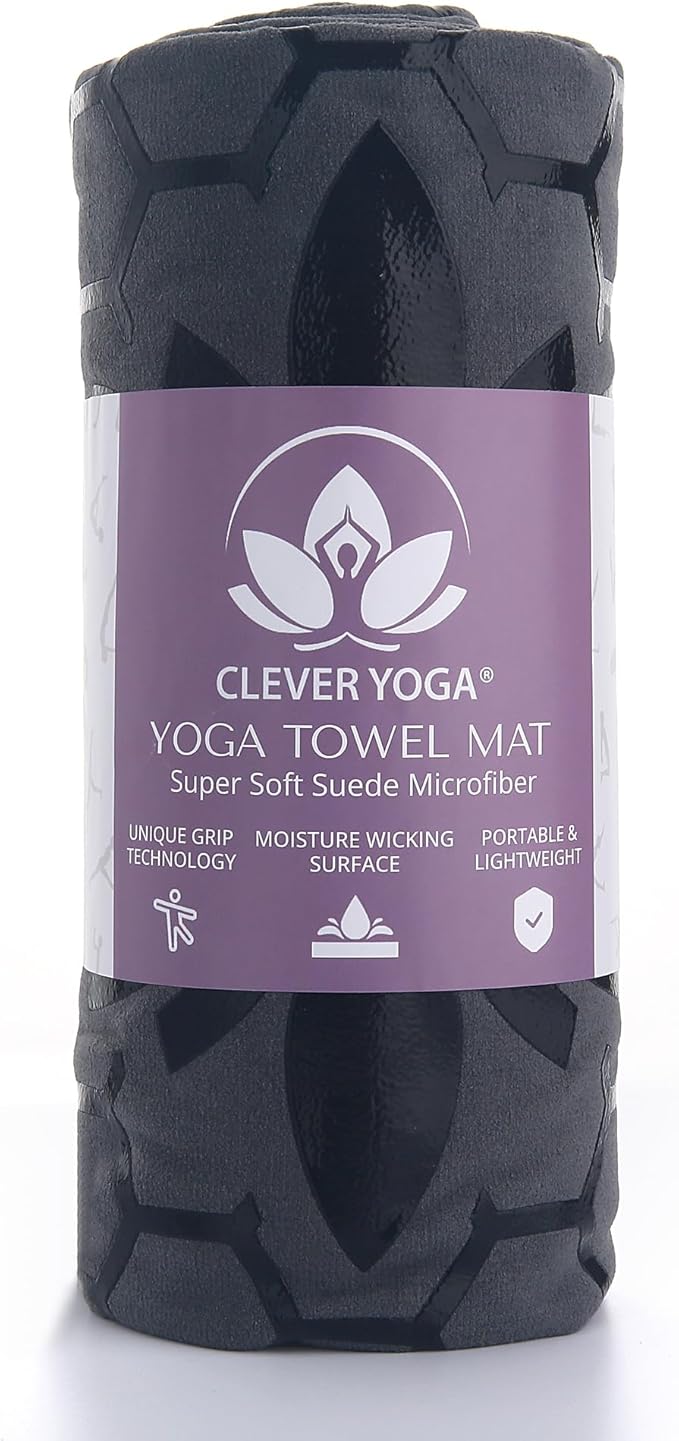 Clever Yoga Non-Slip Hot Yoga Towel – Non-Slip Grip for Hot Yoga, Sweat Absorbent, Honeycomb Silicone Grip, Stays Flat – Ideal for Pilates, Travel, Washable & Lightweight - Gray