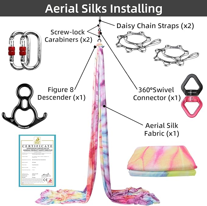 PRIOR FITNESS Aerial Silks Kit Colorful 9/15/20 Yards 40D Nylon Fabric Hammock Set With Hardware & Guide for All Levels Of Aerial Yoga Practice and Acrobatic Flying For Adults Aerial silk