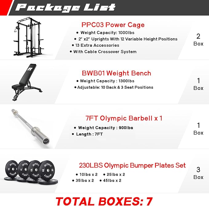 RitFit Multi-Function Squat Rack Power Cage PPC03 with Cable Crossover System, 1000LBS Capacity Power Rack and Packages with Optional Weight Bench, Barbell Weight Set, for Garage Workout & Home Gym