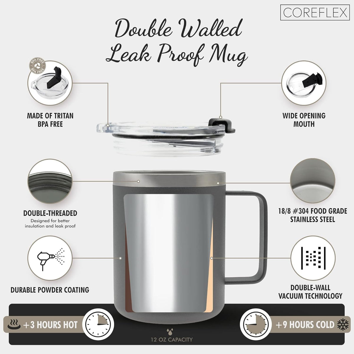 COREFLEX 12 oz Insulated Coffee Mug with Handle & Lid, Stainless Steel Double Walled Vacuum Insulated Tumbler, Travel Coffee Cup Thermal Cup - Home, Office, Travel, Outdoor, Camping