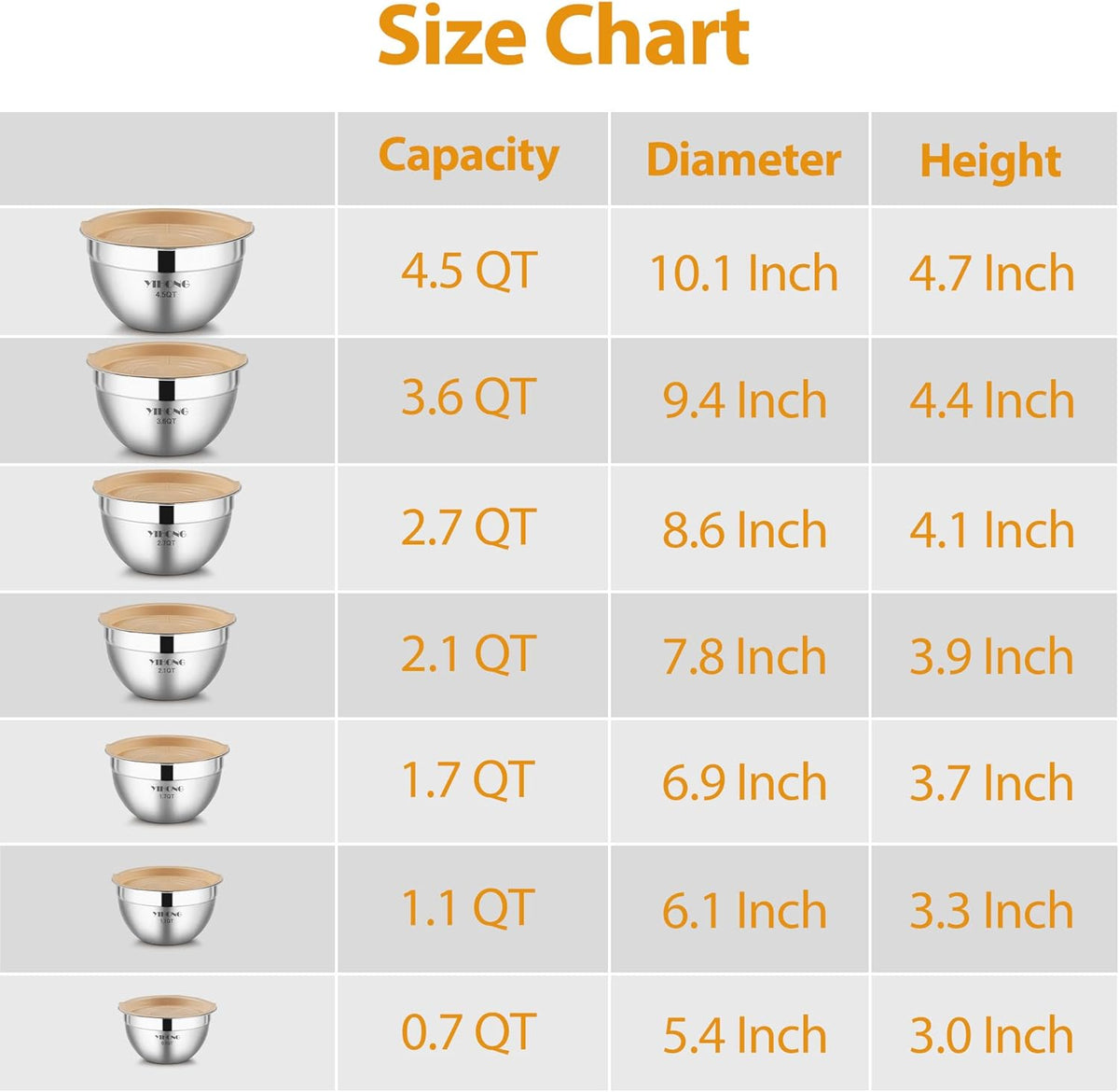 YIHONG 7 Piece Metal Mixing Bowls with Lids for Kitchen, Stainless Steel Set Ideal for Baking, Prepping, Cooking and Serving Food, Nesting Design for Space Saving Storage (Khaki)