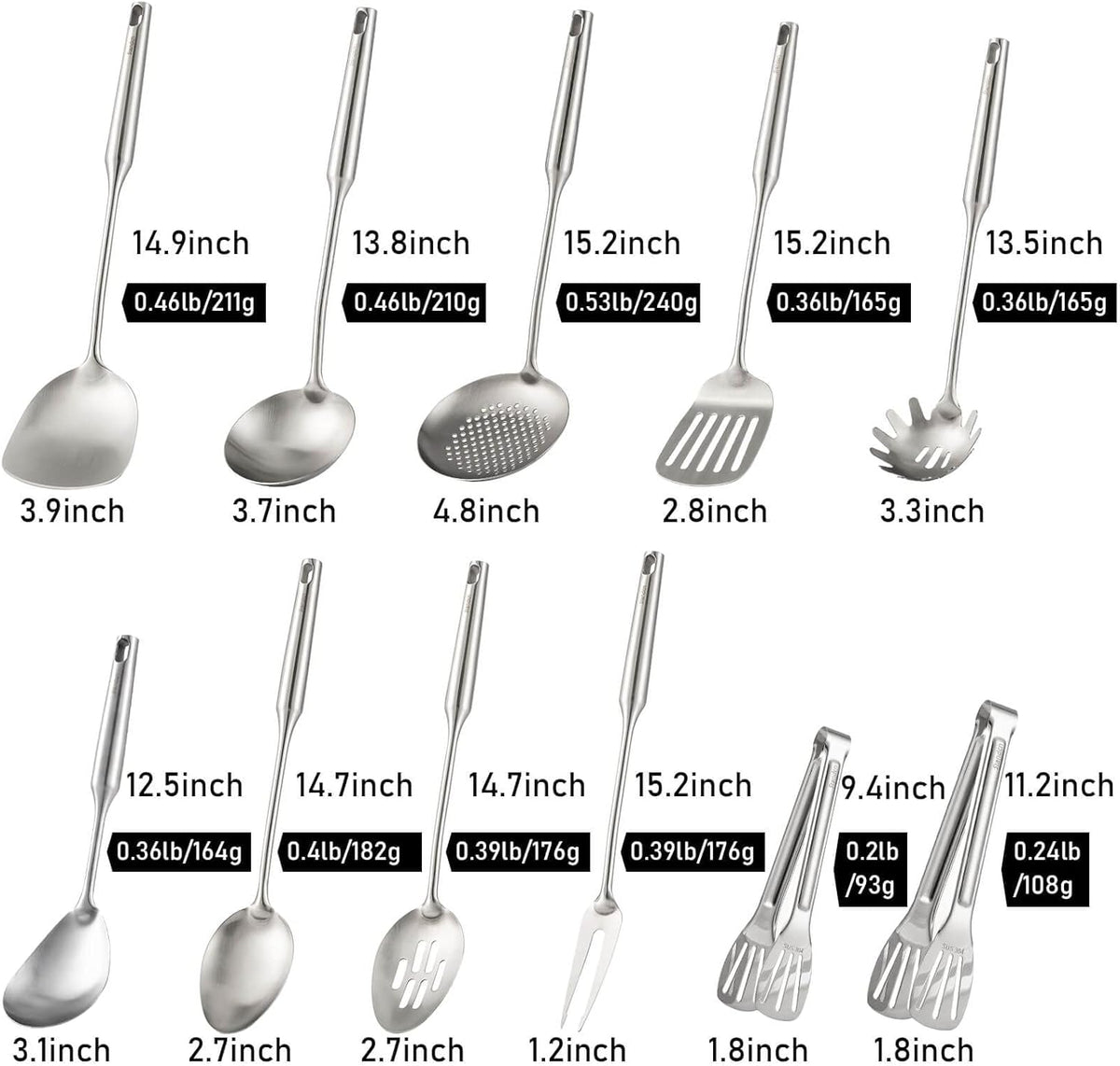 18/10 Stainless Steel Kitchen Utensils Set - 15” All Metal Cooking Tools, 11PCS - 2 Tongs, Fork, Solid Spoon, Slotted Spoon, Spatula, Soup Ladle, Skimmer, Slotted Spatula, Spaghetti Spoon, Large Spoon