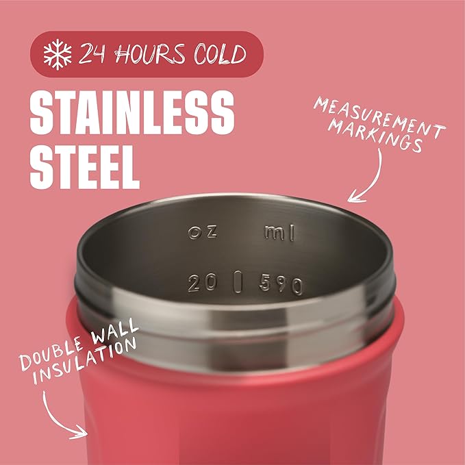 BlenderBottle Sport Insulated Stainless Steel Shaker Bottle with Wire Whisk, 24-Ounce, Pink – Protein Shakes & Hydration for Athletes & Fitness Enthusiasts, Easy Mixing, Keeps Drinks Cold, Lockable Lid