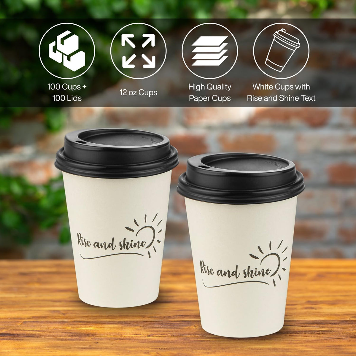 Smygoods Disposable Coffee Cups with Lids, To Go Paper Hot Cups, Rise and Shine Design (12 OZ, 100 Count) For Hot Beverages, Coffee, Tea, Espresso, Cocoa - Vasos Para Cafe