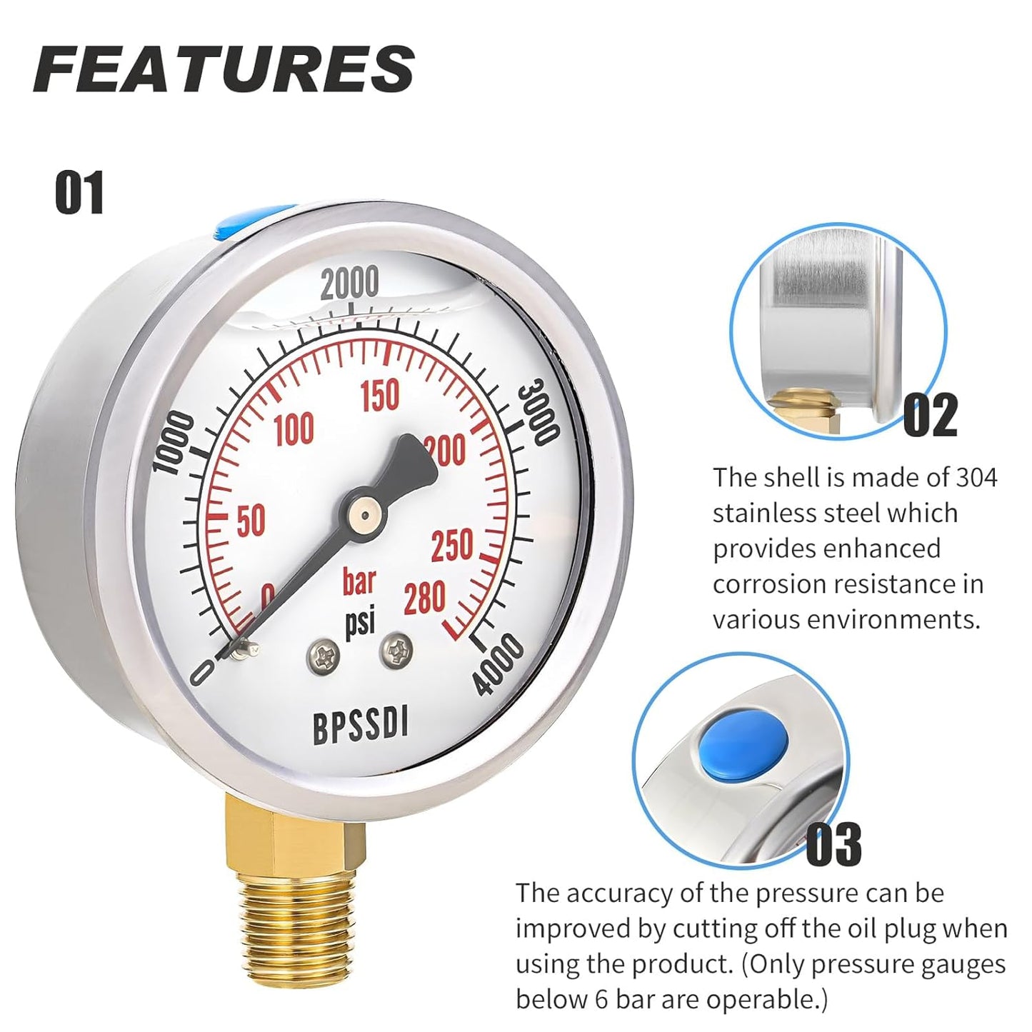 0-4000 Psi Glycerin Liquid Filled Hydraulic High Pressure Gauge, 2.5" Dial Size, 1/4" NPT Lower Mount, 304 Stainless Steel Case, for Water Oil Air Gas Pressure Test