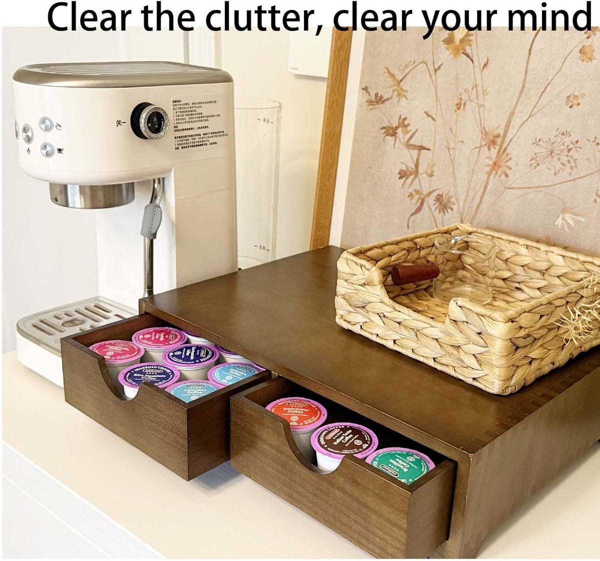 Wooden Coffee Pod Organizer with 4 Anti-Slip Feet, Elevated Coffee Pod Storage Box, Tea & Coffee Capsule Holder, 30 Pod Capacity with Drawer for Moisture Protection
