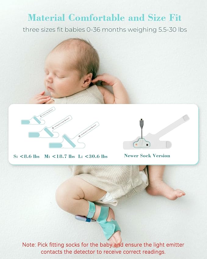 Babytone Baby Sleep Sock Monitor, Tracking Heart Rate and Movement for Newborn, Wearable Foot Monitor Smart Sock with Bluetooth and APP, for 0-36 Months Infant