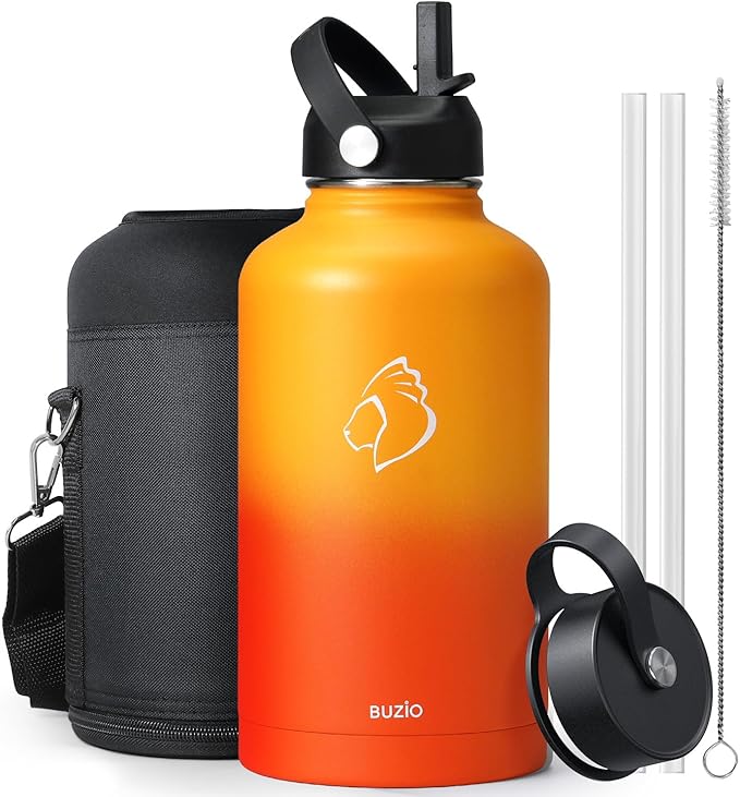 BUZIO 64oz Water Bottle, (Cold for 48 Hrs) Triple Wall Insulated Stainless Steel Leakproof Half gallon Jug/Flask with Straw Lid and Carry Bag for Sports Hiking, Camping, Yellow Orange