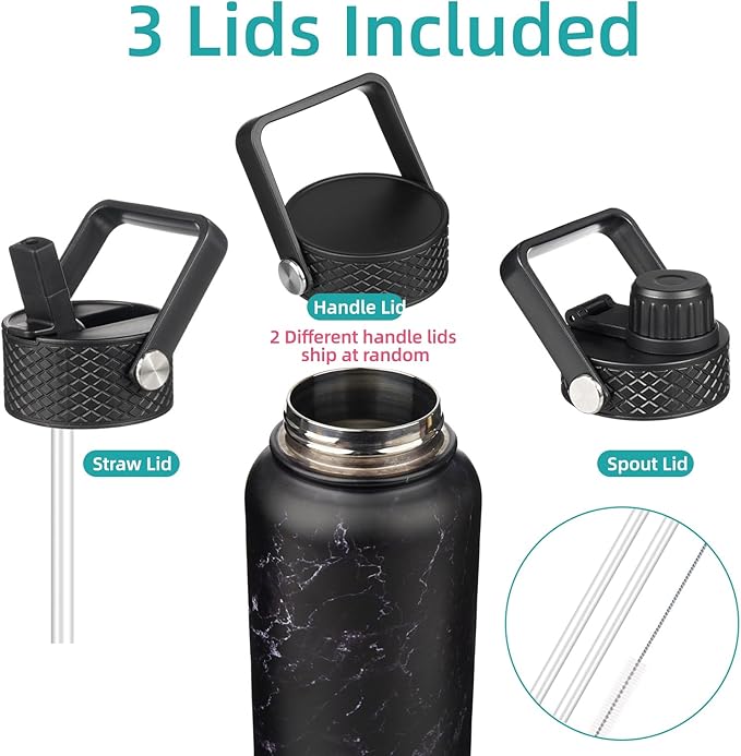 32 oz Insulated Water Bottle Stainless Steel Sport Bottles with 3 Lids,Marble Midnight