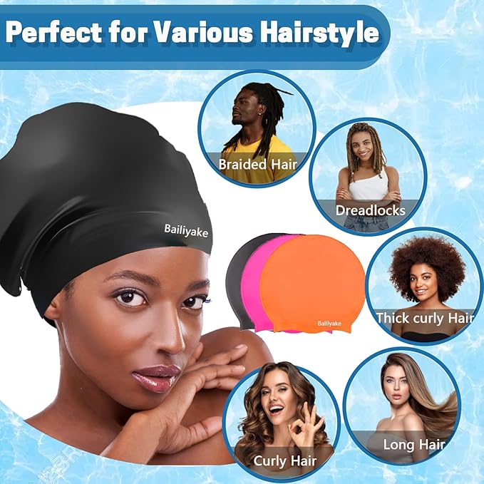 3 Pack Extra Large Swim Cap for Braids & Dreadlocks - Waterproof Silicone Swim Hat for Women with Long Thick Hair, Protective Swim Cap Cover Ears for Swimming, Shower, Bathing