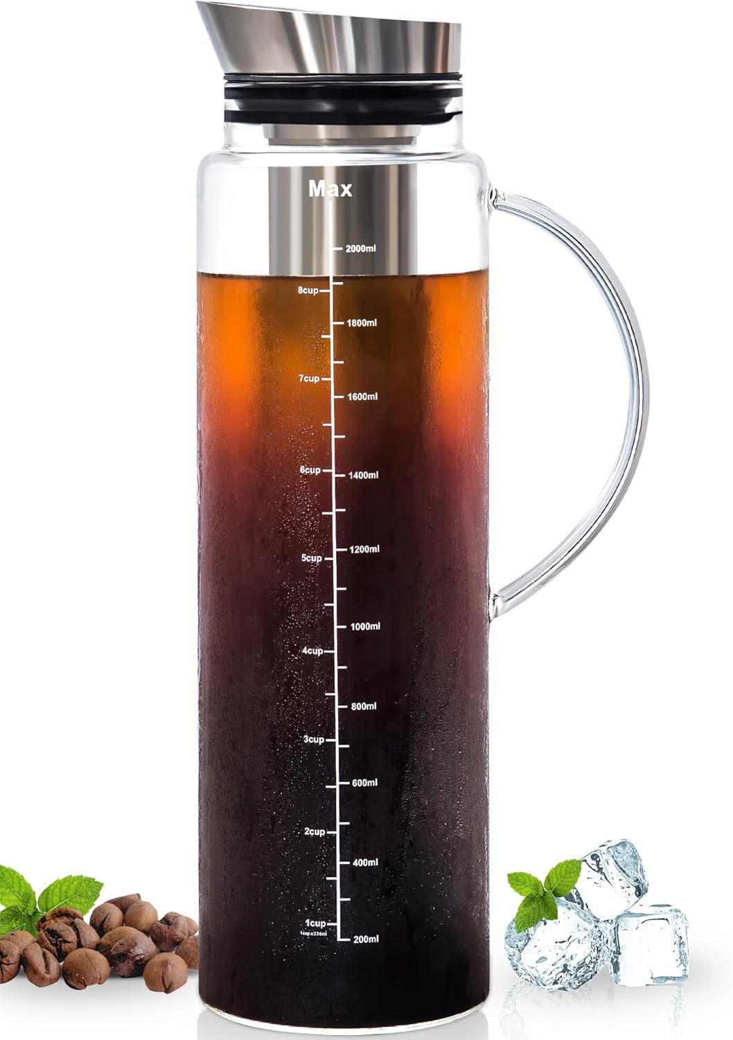 Aquach 68 Oz Cold Brew Coffee & Iced Tea Maker – Airtight Lid for Freshness Up to 2 Weeks, Dishwasher Safe
