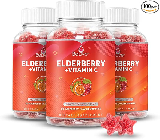 BeLive Elderberry Gummies with Zinc and Vitamin C - Immune Support Supplement with Vitamin D, A, E, B12 - Gummies for Healthy Bones & Teeth, Vegan, Keto & Non-GMO - Raspberry Flavor | 3-Pack