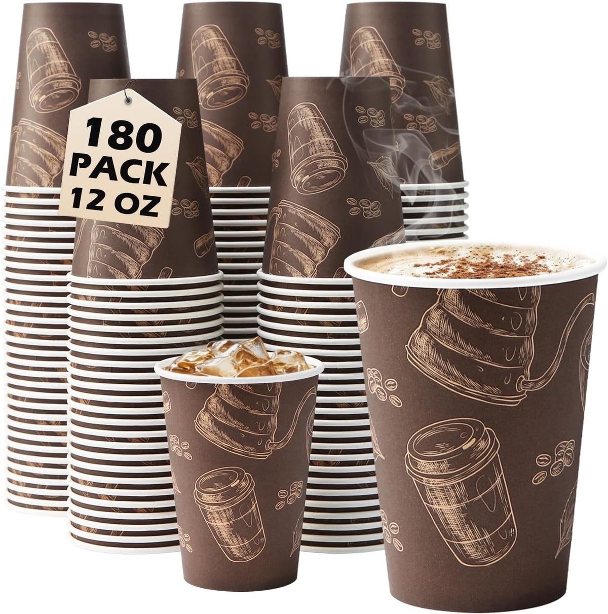 Coffee Cups 12 oz Paper Cups 180 Pack, Thickened Paper Coffee Cups Disposable 12 oz Coffe Cup, Hot/Cold Beverage Drinking Cup for Office, Home, Party
