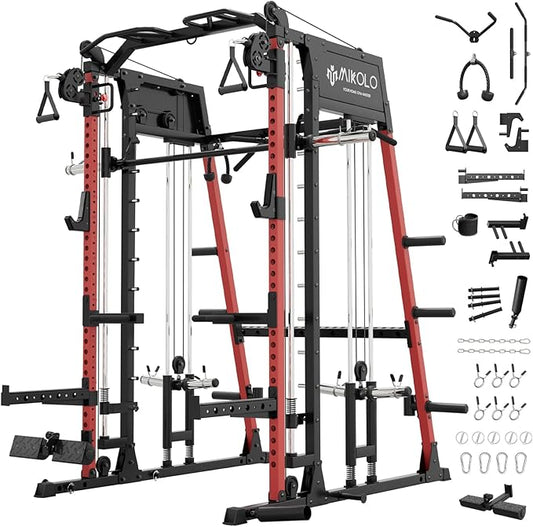 Mikolo Smith Machine, 2200lbs Squat Rack with LAT-Pull Down System & Cable Crossover Machine, Training Equipment with Leg Hold-Down Attachment