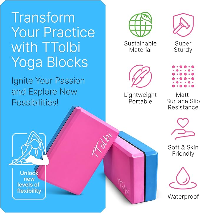 Yoga Blocks 2 Pack Set with Dance Stretch Band & Guide: Non-Slip EVA Foam Block - Ideal Stretching Equipment for Home Workouts, Pilates, Dance, Ballet, Gymnastics, Exercise - Stretch Strap Stuff Props