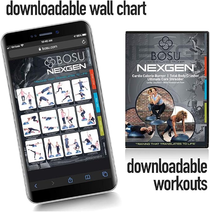 Bosu Balance Ball Exercise Trainer, Home Gym Equipment w/ Guided Workouts & Pump, 26", Blue - Inflatable Fitness Platform for Strength Training, Standing, Balancing, and Core Workout