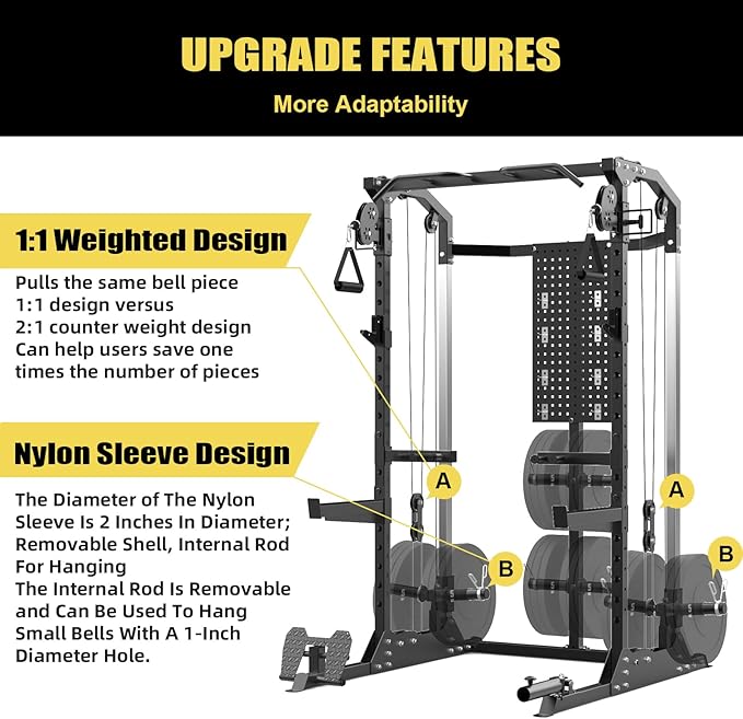 Power Cage, Squat Rack with Cable Crossover and Dual Independent Pulley System, 2000LB Capacity Workout Cage with More Training Attachments, Power Rack for Home Gym