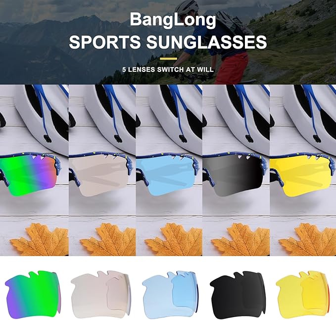 BangLong Polarized Sports Sunglasses Cycling Sun Glasses for Men Women with 5 Interchangeable Lenes for Running Baseball Golf