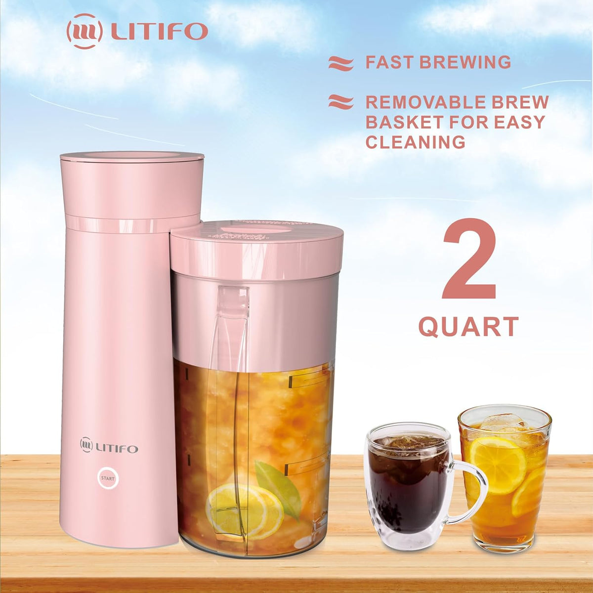 LITIFO Iced Tea Maker and Iced Coffee Maker Brewing System with 2-quart Pitcher, Perfect For Fruit Infused Tea, Lemonade, Flavored Water (Pink)