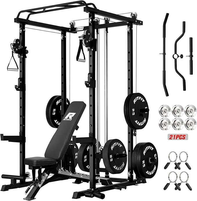 RitFit Power Cage with Optional LAT PullDown/Cable Crossover, 1000LB Squat Rack for Home & Garage Gym, with Weight Storage Rack and More Training Attachments, ASTM-Certified