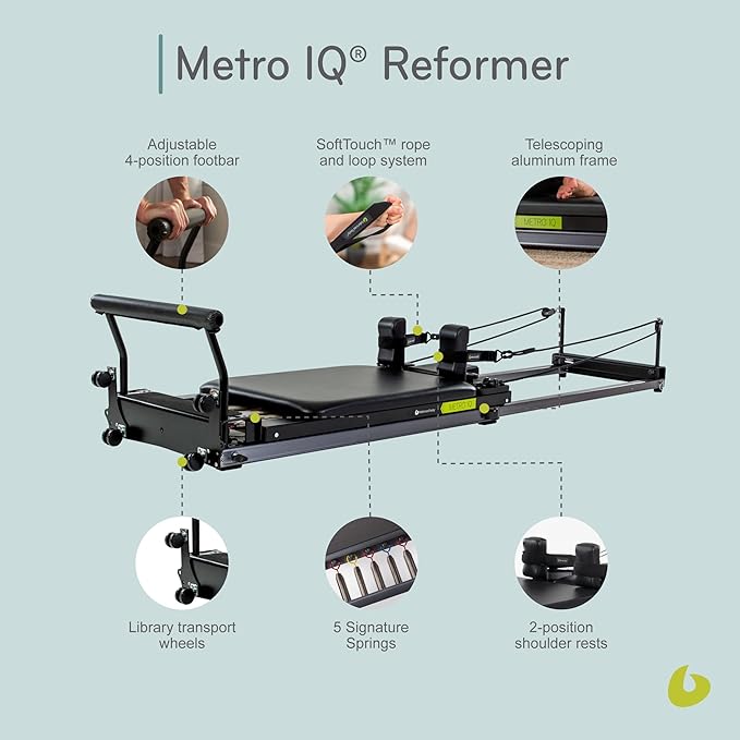 Balanced Body Metro IQ Pilates Reformer with Wheels, Pilates Exercise Equipment, Workout Equipment for Home or Studio, Black Upholstery