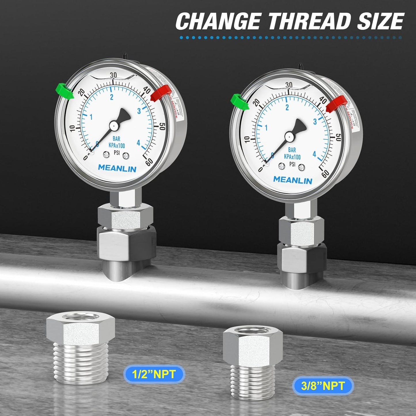 MEANLIN MEASURE 0~60Psi Stainless Steel Liquid Filled Pressure Gauge 2.5" FACE DIAL 1/4" NPT for Pool Filter Pump Water Oil Air Compressor Lower Mount with Stainless Steel Hex Bushing and Snaps