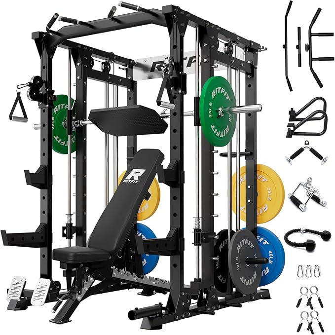 RitFit Buffalo Smith Machine, Power cage with LAT-Pull Down System & Cable Crossover System, All-in-One Squat Rack for Home Gym, Power Rack