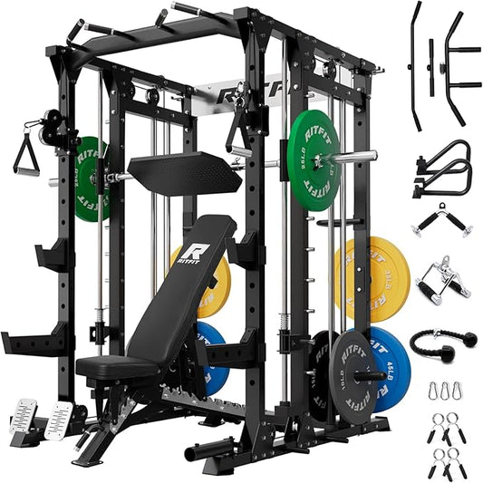 RitFit Buffalo Smith Machine, Power cage with LAT-Pull Down System & Cable Crossover System, All-in-One Squat Rack for Home Gym, Power Rack