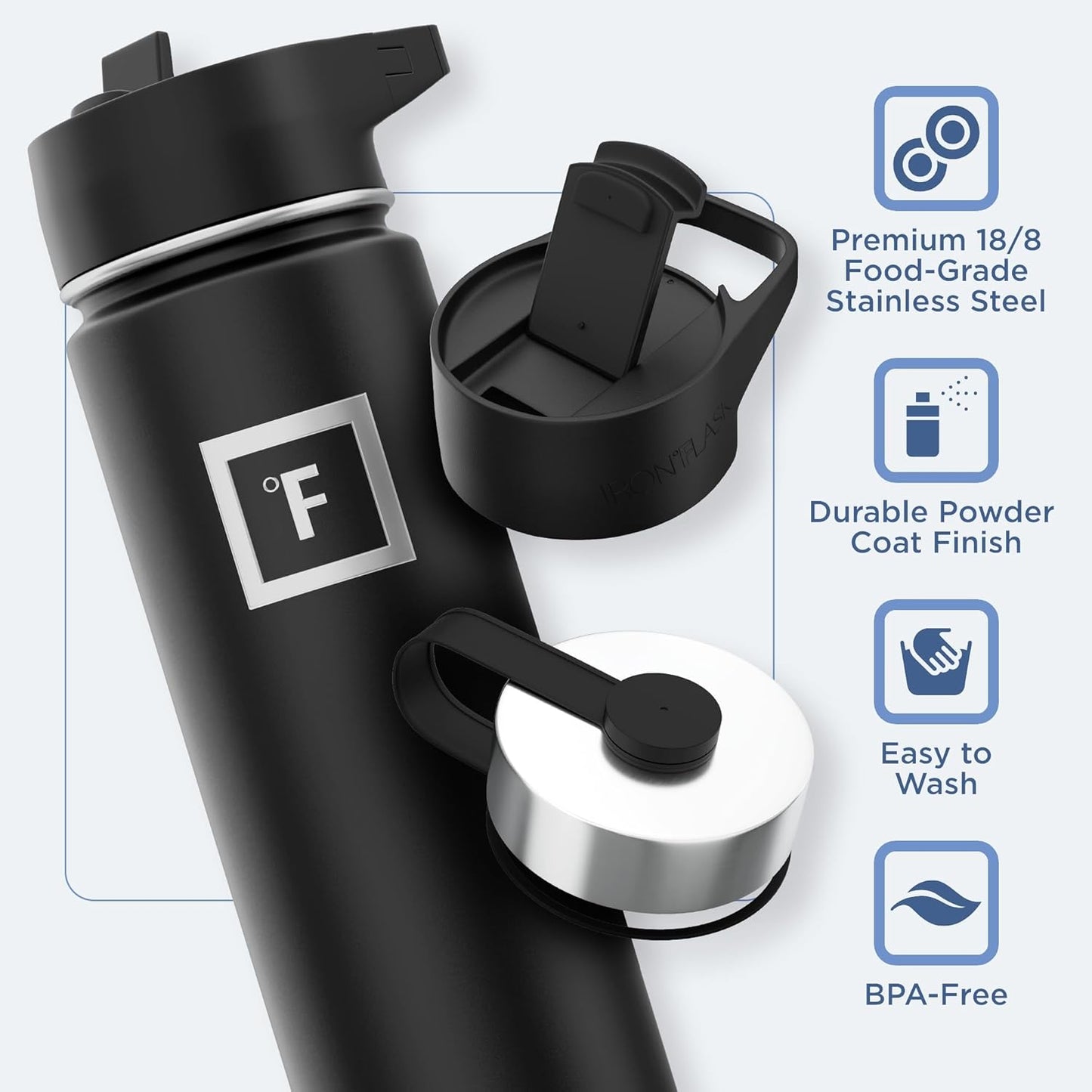 IRON °FLASK Camping & Hiking Hydration Flask with 3 Lids - Stainless Steel, Double Walled & Vacuum Insulated Water Bottle - Leak Proof & BPA Free (Day & Night, Straw - 22 oz)