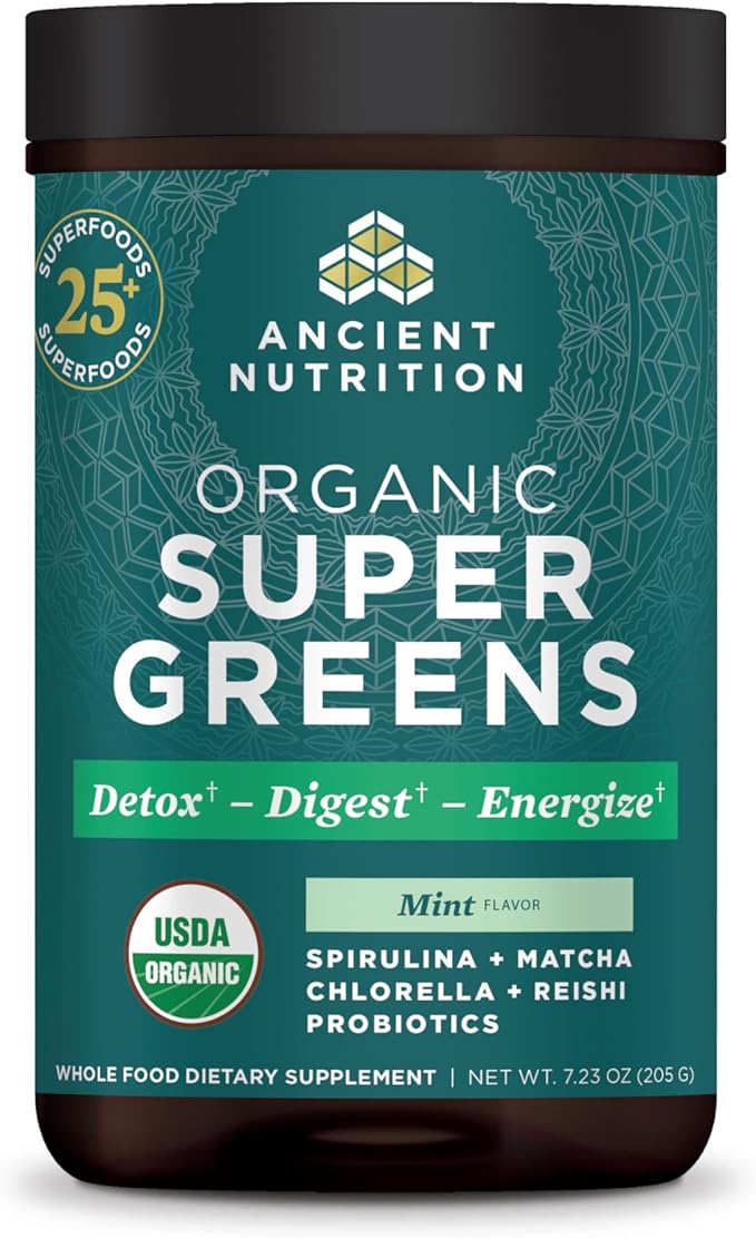 Ancient Nutrition SuperGreens Powder with Probiotics, Organic Peppermint Flavor Greens, Made from Real Fruits, Vegetables and Herbs, for Digestive and Energy Support, 25 Servings, 7.23oz