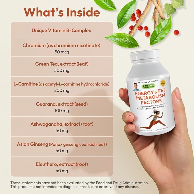 ANDREW LESSMAN Energy and Fat Metabolism Factors - 30 Capsules - Promotes Optimum Fat and Energy Metabolism, with Carnitine, Green Tea, Guarana, Ginseng, B-Complex. Easy to Swallow Capsules