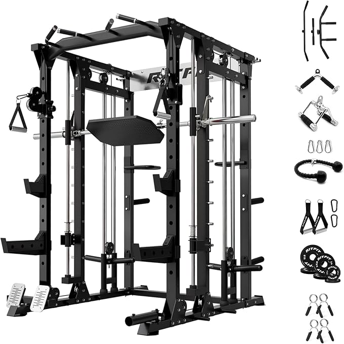 RitFit Smith Machine Power Cage with LAT Pulldown & Cable Crossover, All-in-One Power Rack Home Gym System with Leg Press Attachment & Accessories