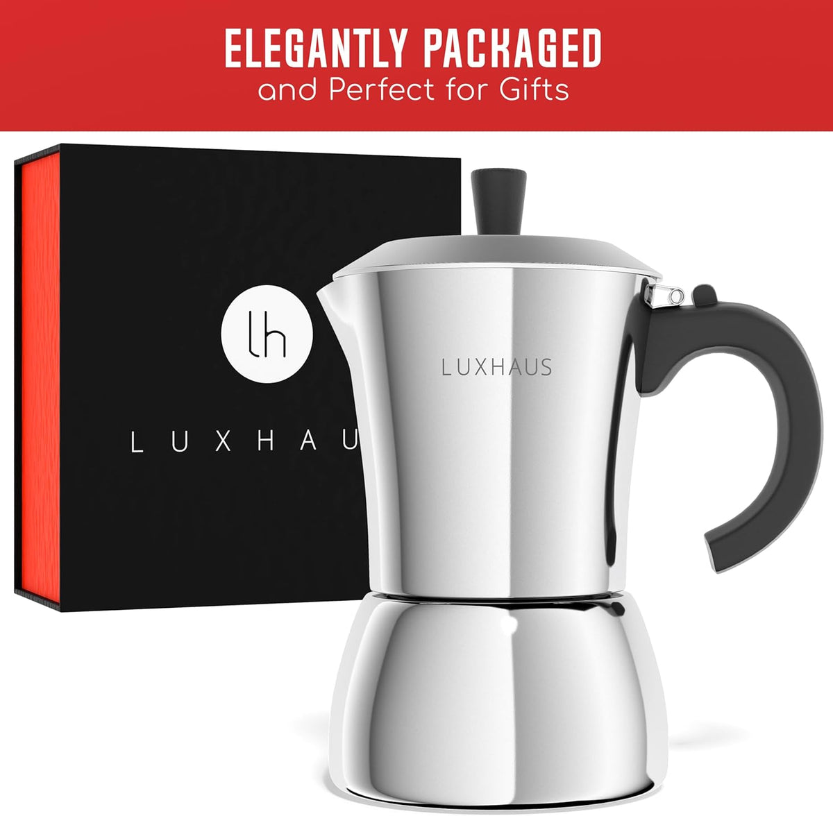 LuxHaus Moka Pot - 6 Cup Stovetop Espresso Coffee Maker - 100% Stainless Steel Italian and Cuban Mocha Coffee Maker