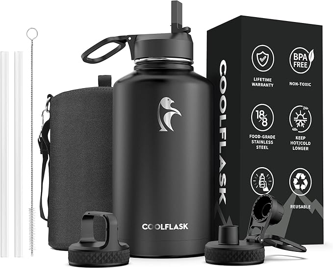 64 oz Water Bottle Insulated with Straw & 3 Lids, Coolflask Large Metal Stainless Steel Water Jug Big Half Gallon Wide Mouth for Sports, Gym or Office, Non-BPA Keep Cold 48H Hot 24H, Magic Black