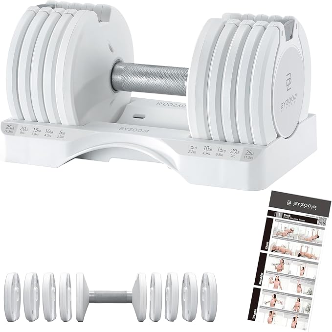 Adjustable Dumbbell – 12.5/25lb Single Unit OR Set of 2 – 5-in-1 Adjustable Weight for Home Gym, Strength Training & Fitness Workouts, White OR Black