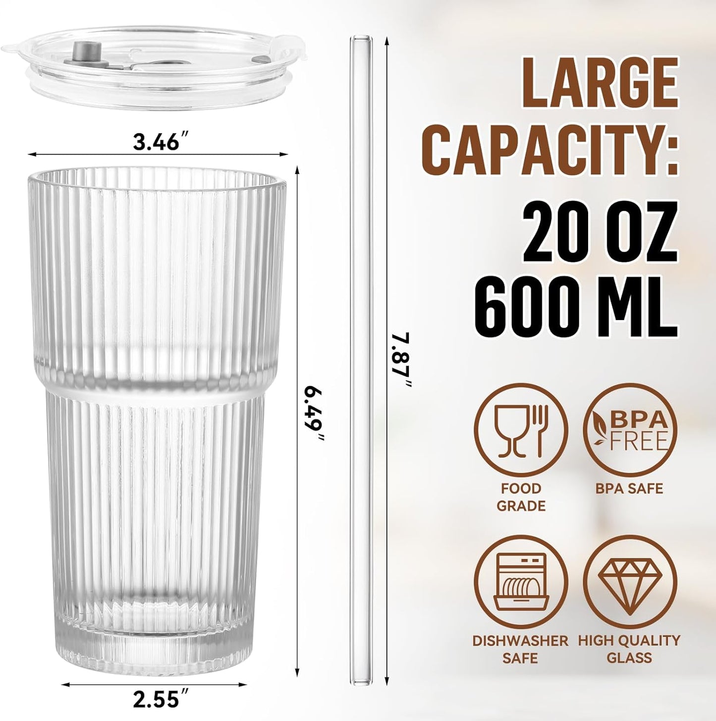 20 oz Glass Cups with Lid and Straw 2 Set, Glass Tumbler with Straw and Lid, Vintage Glassware for Whiskey Cocktail Beer, Iced Coffee Cups with Lid (6 PACK)