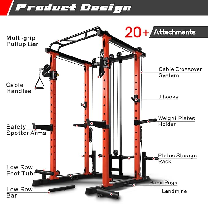 RitFit Power Cage with Optional LAT PullDown/Cable Crossover, 1000LB Squat Rack for Home & Garage Gym, with Weight Storage Rack and More Training Attachments, ASTM-Certified