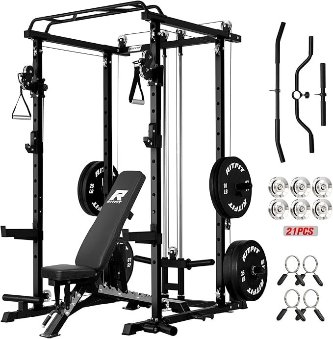 RitFit Power Cage with Optional LAT PullDown/Cable Crossover, 1000LB Squat Rack for Home & Garage Gym, with Weight Storage Rack and More Training Attachments, ASTM-Certified