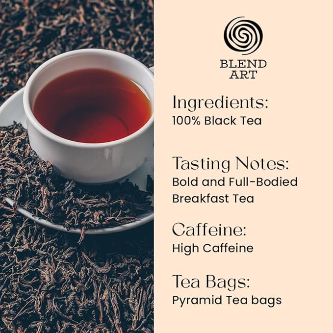 Blendart English Breakfast Black Tea Bags 50 Count Premium Whole Loose Leaf Caffeinated, Smooth, Flavour Robust Black Pyramid Tea Bags Long leaf Tea bags| Strong Robust British Tea