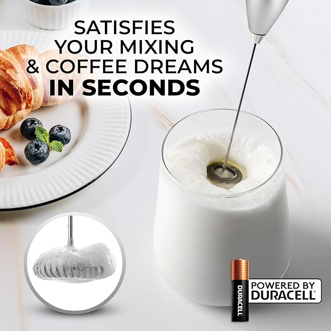 Zulay Kitchen Milk Frother Wand (2 Duracell Batteries Included) - Handheld Milk Frother - Easy-Clean Milk Frother Wand & Drink Mixer - Electric Coffee Frother for Frappe, Matcha - Silver