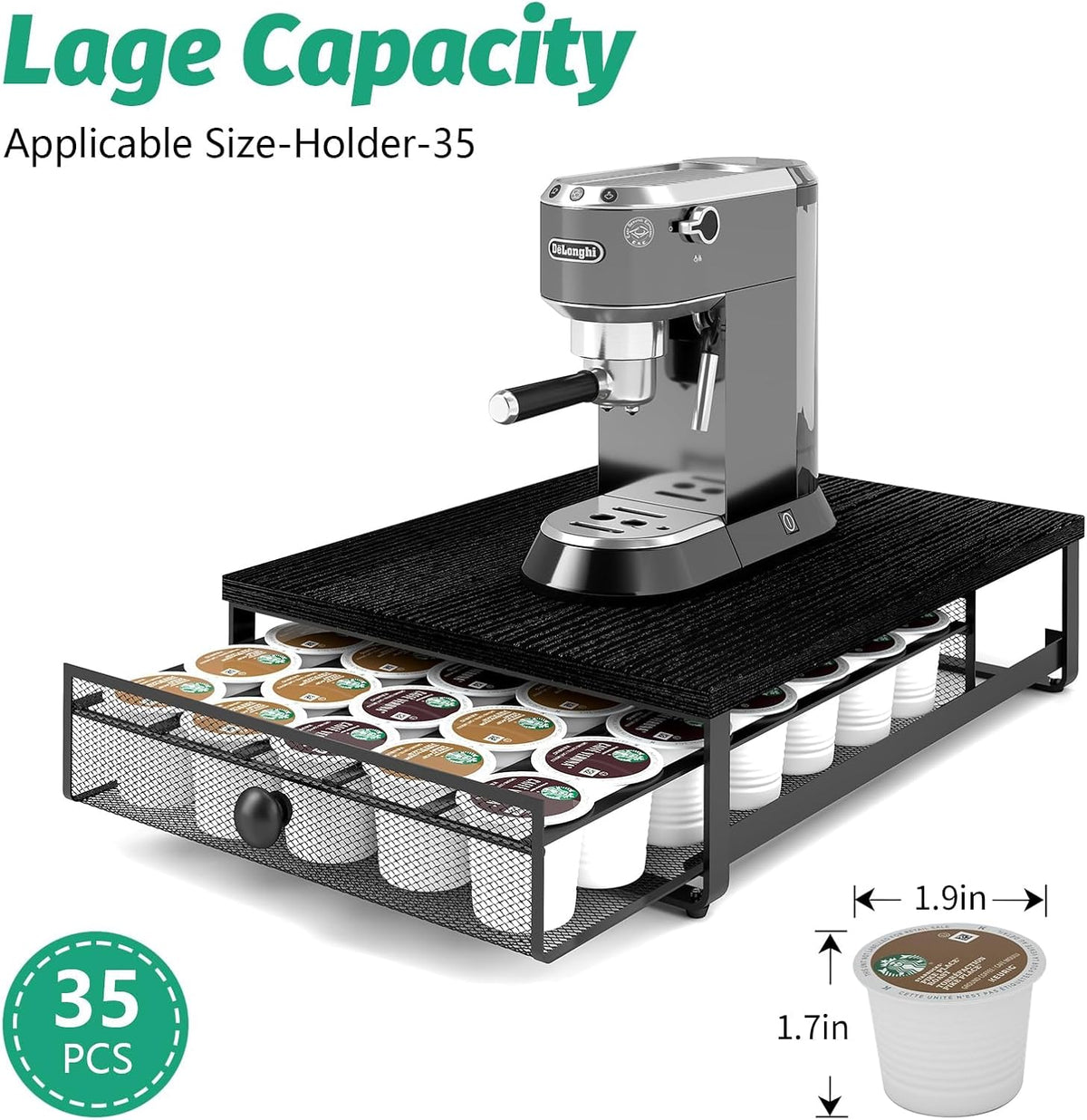 K Cup Organizer, Coffee Pod Holder Drawer, Under Brewer Storage Organizer with Sliding Drawer holds up to 35 K-Cup Pods, No Assembly Needed, Black