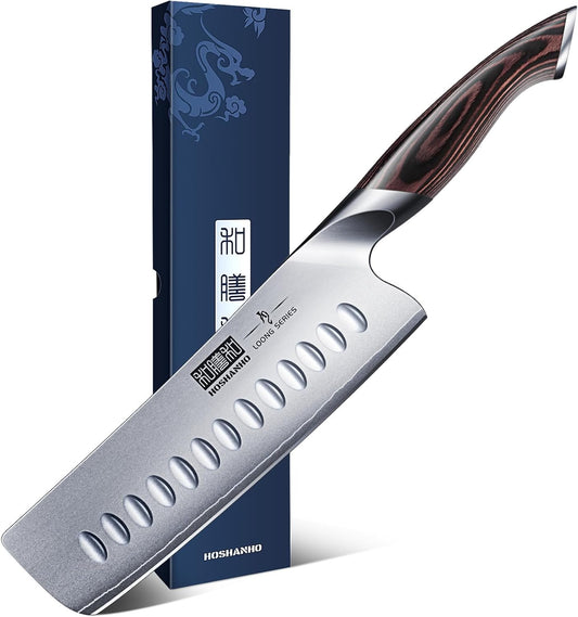 7 Inch Nakiri Knife, Japanese High Carbon Stainless Steel Chef Knife, Multipurpose Meat Vegetable Sharp Kitchen Knife with Ergonomic Pakkawood Handle
