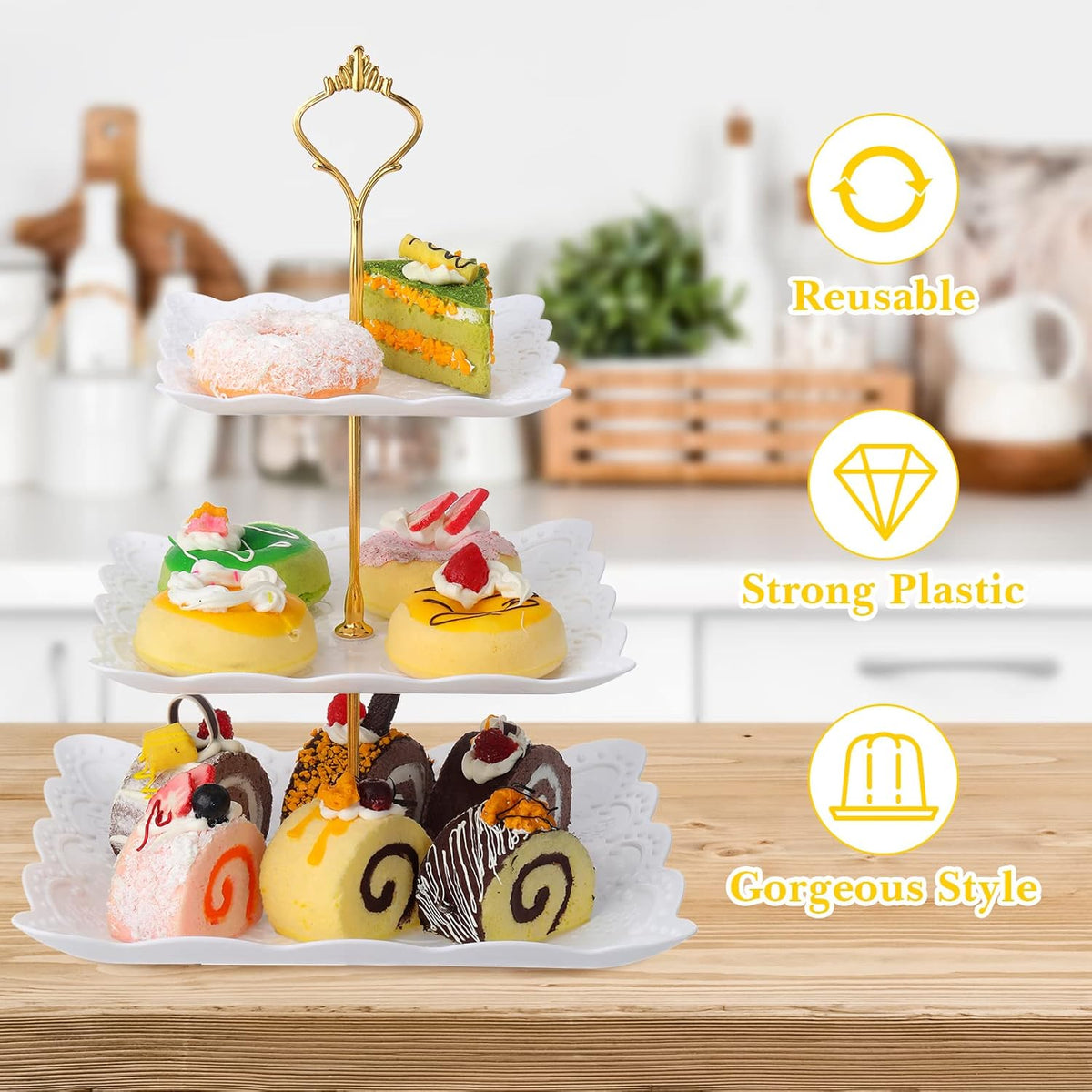 Sawysine 6 Pack 3 Tiers Dessert Stand Plastic Cupcake Stand Serving Trays Cupcake Display Stand Cookie Tray for Party and Platter for Home(Gold)