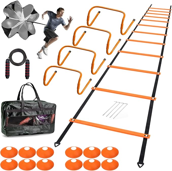 Agility Ladder Speed Agility Training Equipment,1 Agility Ladder 20ft,4 Hurdles,Training Soccer Cones,Jump Rope,Running Parachute, Agility Training Equipment for Kids Youth Adul