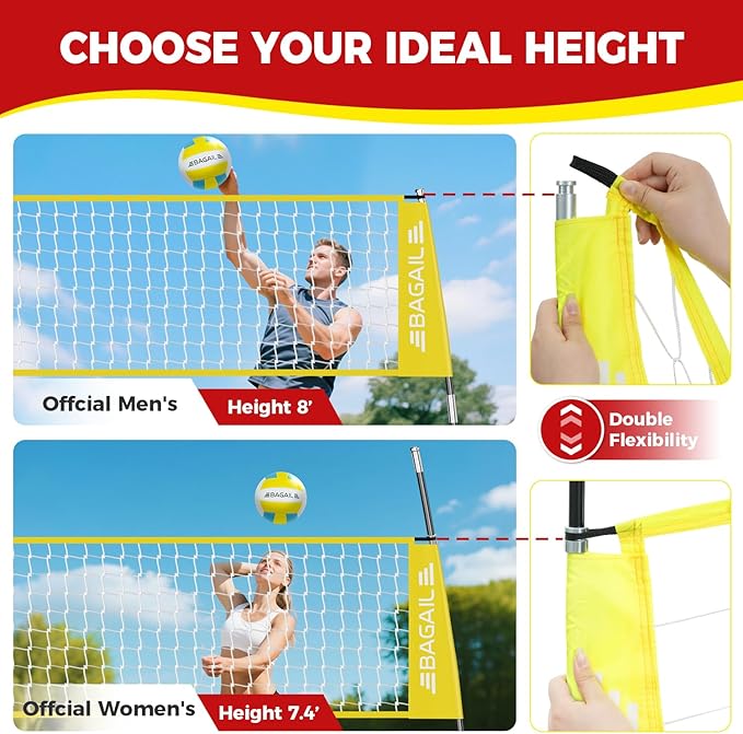 BAGAIL Volleyball Net, 12ft/20ft Portable Volleyball Net for Backyard - Adjustable Height, Heavy-Duty Frame, Freestanding Design - Portable Outdoor/Indoor Volleyball Set with Carry Bag