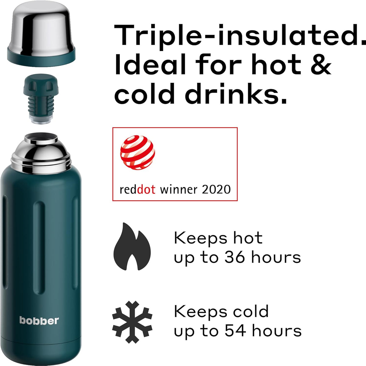 BOBBER 26 oz Stainless Steel Thermos for Hot Tea, Coffee, and Cold Drinks – BPA-Free, Dishwasher Safe Vacuum Insulated Water Bottle – Keeps Drinks Hot for 36 Hours (Deep Teal)